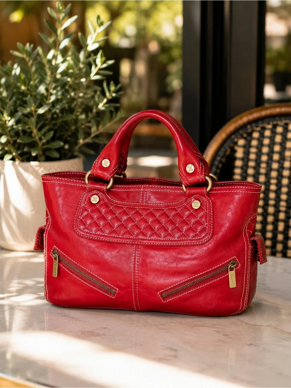 CELINE Boogie Satchel Red Leather Tote Quilted Top Handle Italy Authentic
